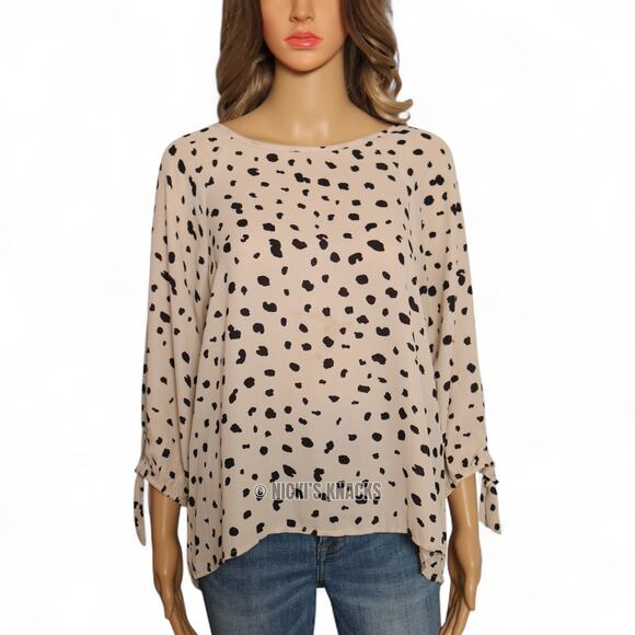 Papermoon Stitch Fix Animal Spot Blouse Sheer Tie Cuff 3/4 Sleeve Beige Black M - Picture 2 of 8